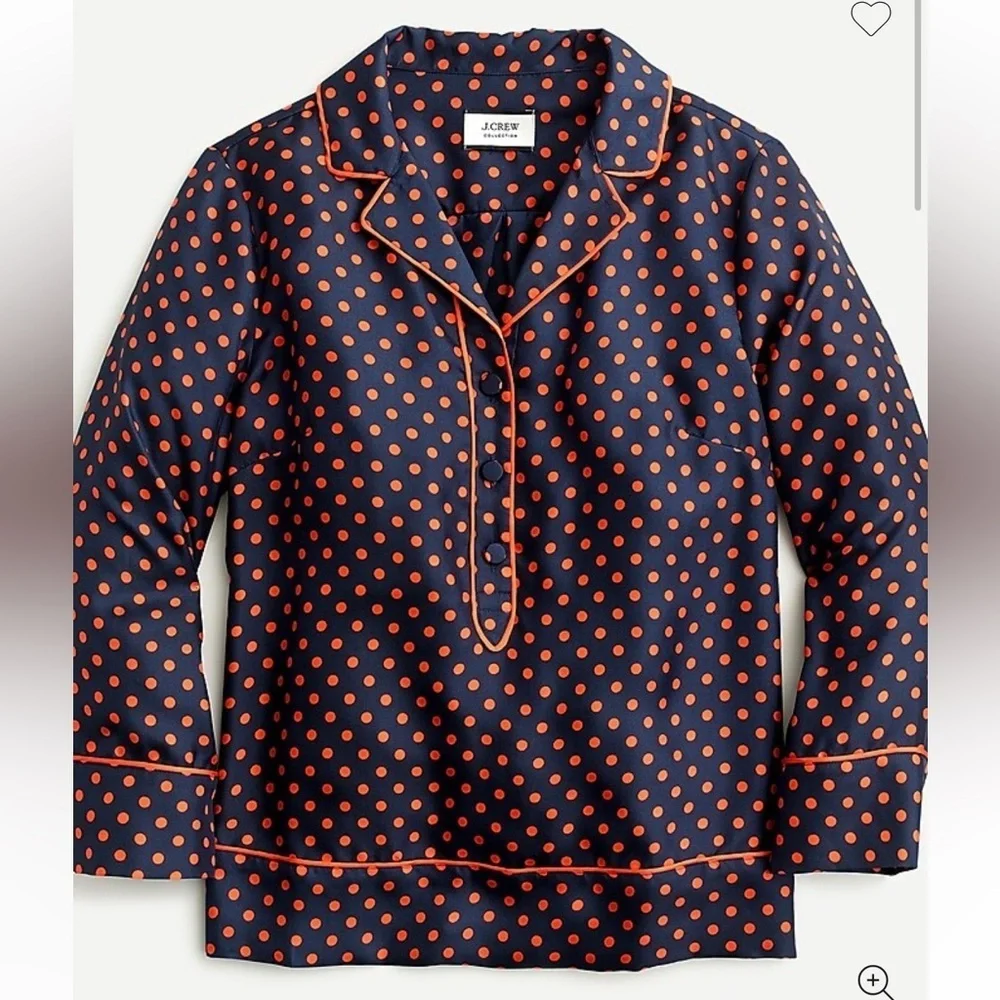 NEW J. Crew Collection Silk-Twill Navy/Orange Polka Dot Popover Blouse Size M - Picture 2 of 8
